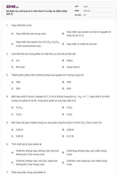 Đề kiểm tra cuối học kì 2 môn Hoá 9 có đáp án (Mới nhất) (Đề 3)
