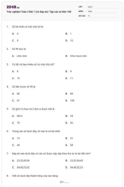 Trắc nghiệm Toán 2 Bài 1 (có đáp án): Tập các số đến 100