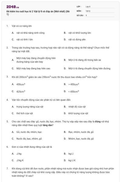 Đề kiểm tra cuối học kì 2 Vật lý 8 có đáp án (Mới nhất) (Đề 1)