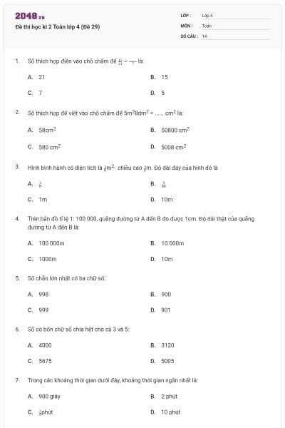 Đề thi học kì 2 Toán lớp 4 (Đề 29)