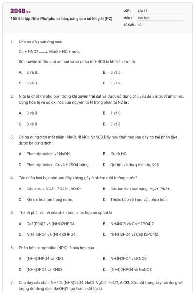 155 Bài tập Nito, Photpho cơ bản, nâng cao có lời giải (P2)