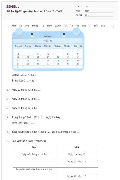 Giải bài tập Cùng em học Toán lớp 2 Tuần 16 - Tiết 2