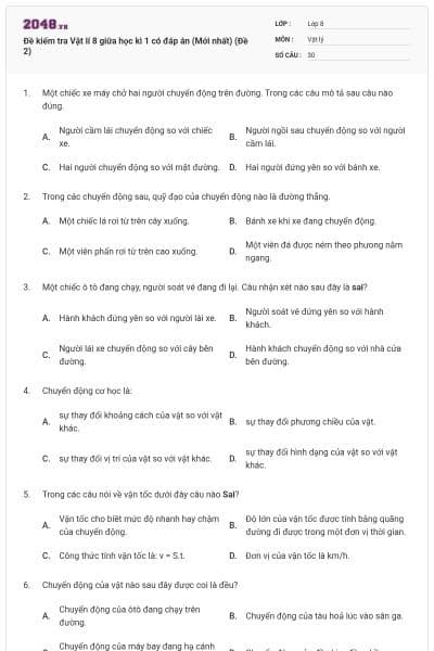 Đề kiểm tra Vật lí 8 giữa học kì 1 có đáp án (Mới nhất) (Đề 2)