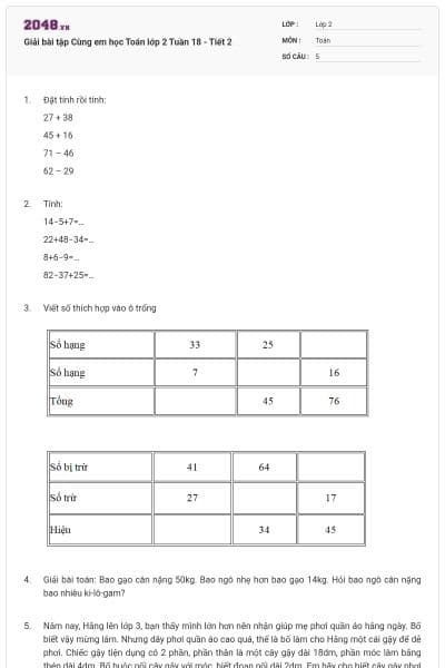 Giải bài tập Cùng em học Toán lớp 2 Tuần 18 - Tiết 2