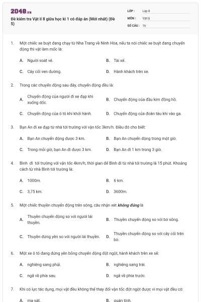 Đề kiểm tra Vật lí 8 giữa học kì 1 có đáp án (Mới nhất) (Đề 5)