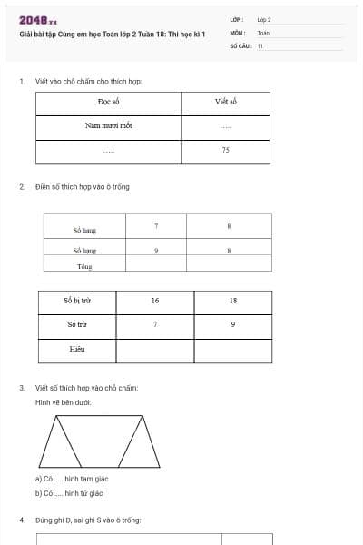 Giải bài tập Cùng em học Toán lớp 2 Tuần 18: Thi học kì 1