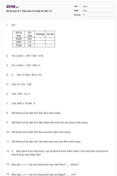 Đề thi học kì 1 Toán lớp 4 có đáp án (Đề 11)