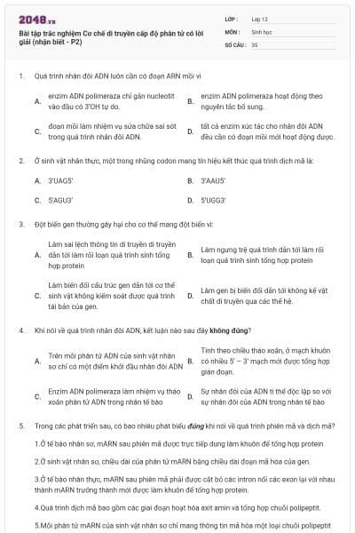 Bài tập trắc nghiệm Cơ chế di truyền cấp độ phân tử có lời giải (nhận biết - P2)