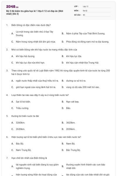Bộ 5 Đề kiểm tra giữa học kì 1 Địa lí 12 có đáp án (Mới nhất) (Đề 3)
