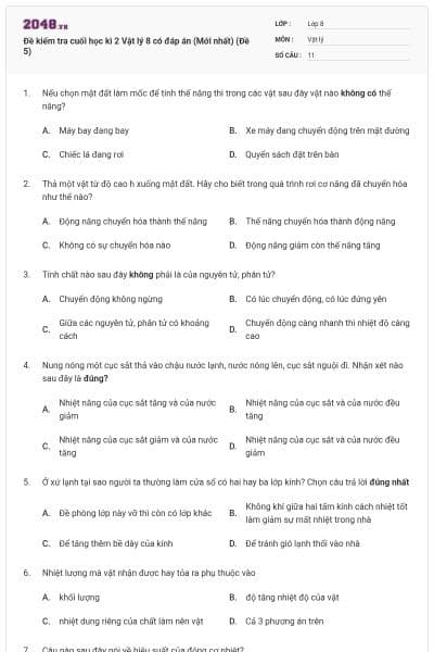 Đề kiểm tra cuối học kì 2 Vật lý 8 có đáp án (Mới nhất) (Đề 5)