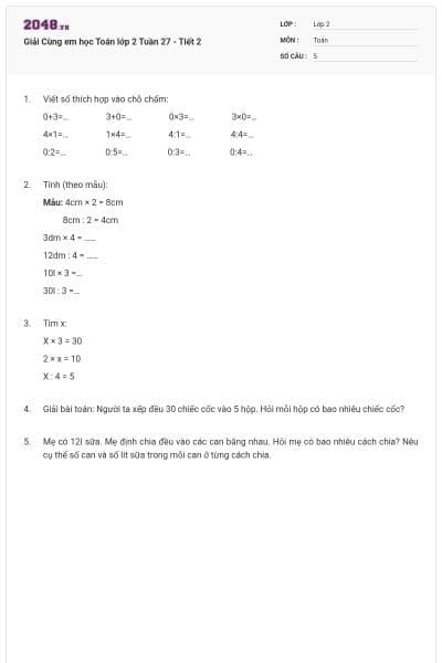 Giải Cùng em học Toán lớp 2 Tuần 27 - Tiết 2