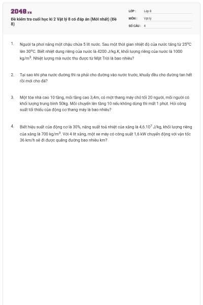 Đề kiểm tra cuối học kì 2 Vật lý 8 có đáp án (Mới nhất) (Đề 8)