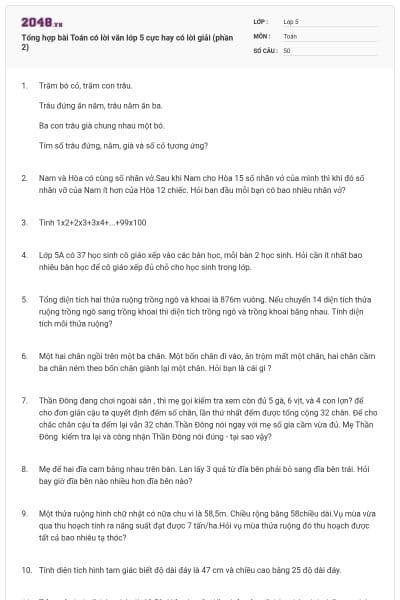 Tổng hợp bài Toán có lời văn lớp 5 cực hay có lời giải (phần 2)
