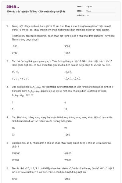100 câu trắc nghiệm Tổ hợp - Xác suất nâng cao (P3)