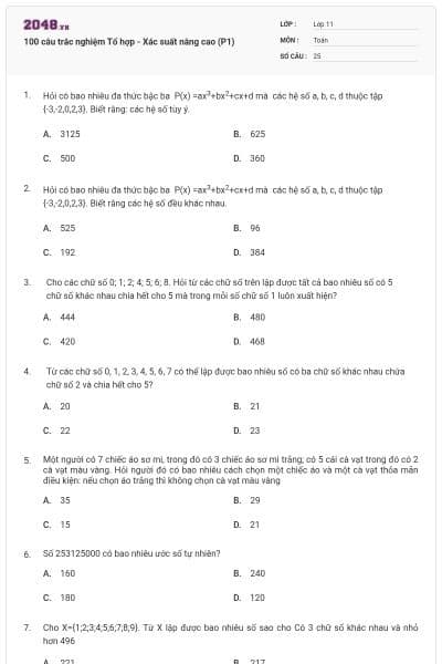 100 câu trắc nghiệm Tổ hợp - Xác suất nâng cao (P1)
