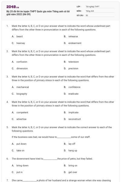 Bộ 25 đề thi ôn luyện THPT Quốc gia môn Tiếng anh có lời giải năm 2022 (Đề 09)