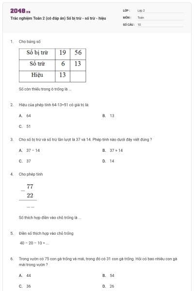 Trắc nghiệm Toán 2 (có đáp án) Số bị trừ - số trừ - hiệu