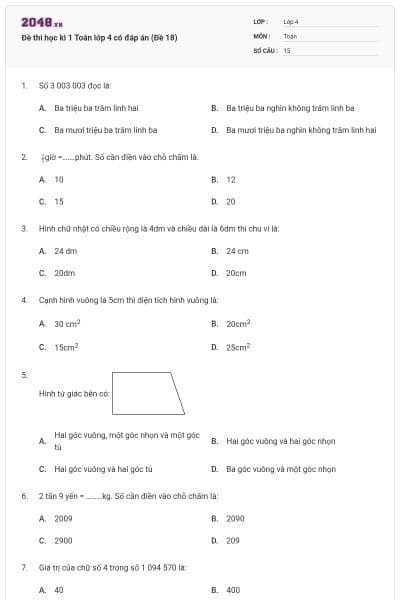 Đề thi học kì 1 Toán lớp 4 có đáp án (Đề 18)