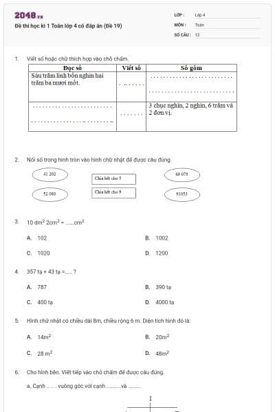 Đề thi học kì 1 Toán lớp 4 có đáp án (Đề 19)