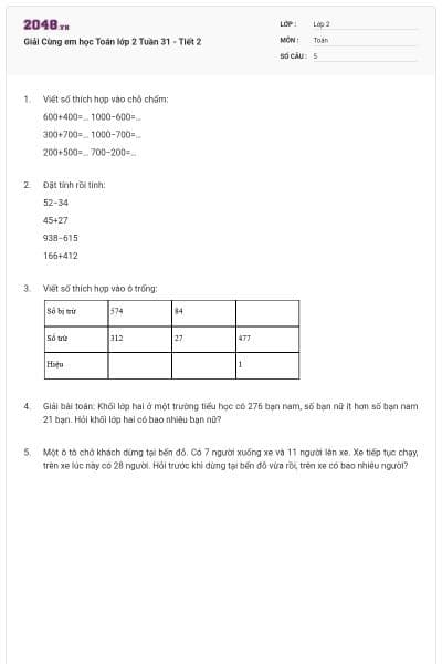 Giải Cùng em học Toán lớp 2 Tuần 31 - Tiết 2