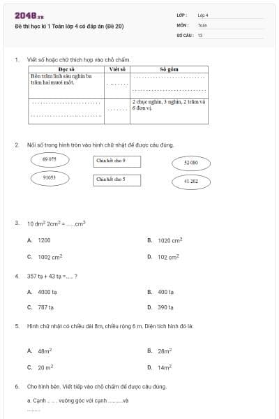 Đề thi học kì 1 Toán lớp 4 có đáp án (Đề 20)