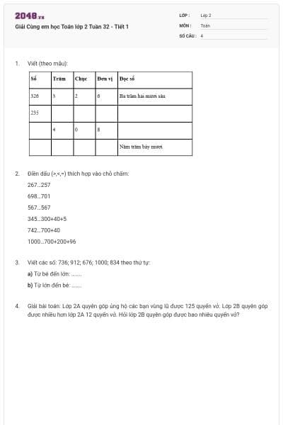 Giải Cùng em học Toán lớp 2 Tuần 32 - Tiết 1