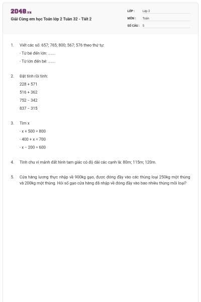 Giải Cùng em học Toán lớp 2 Tuần 32 - Tiết 2