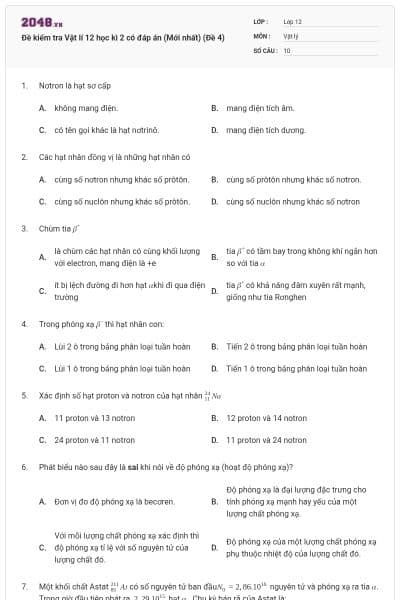 Đề kiểm tra Vật lí 12 học kì 2 có đáp án (Mới nhất) (Đề 4)