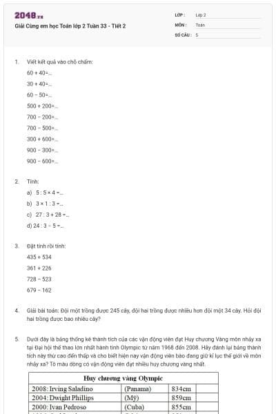 Giải Cùng em học Toán lớp 2 Tuần 33 - Tiết 2