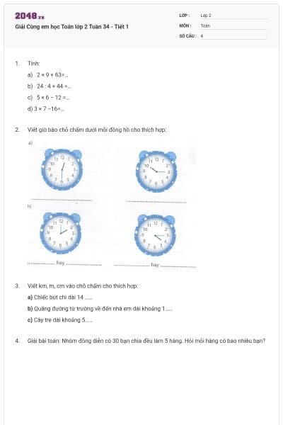 Giải Cùng em học Toán lớp 2 Tuần 34 - Tiết 1