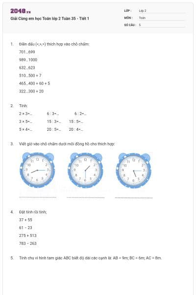 Giải Cùng em học Toán lớp 2 Tuần 35 - Tiết 1