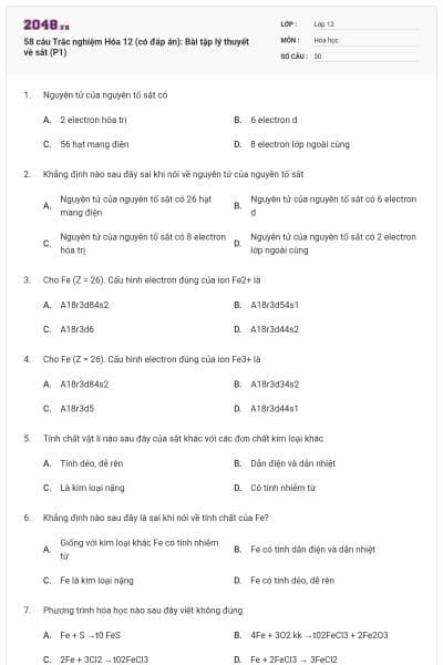 58 câu Trắc nghiệm Hóa 12 (có đáp án): Bài tập lý thuyết về sắt (P1)