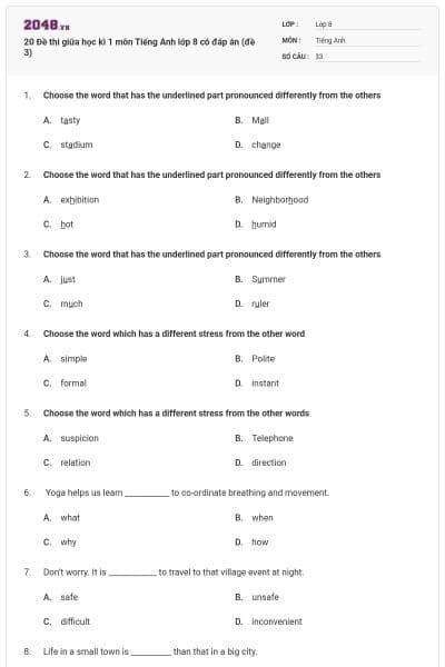 20 Đề thi giữa học kì 1 môn Tiếng Anh lớp 8 có đáp án (đề 3)
