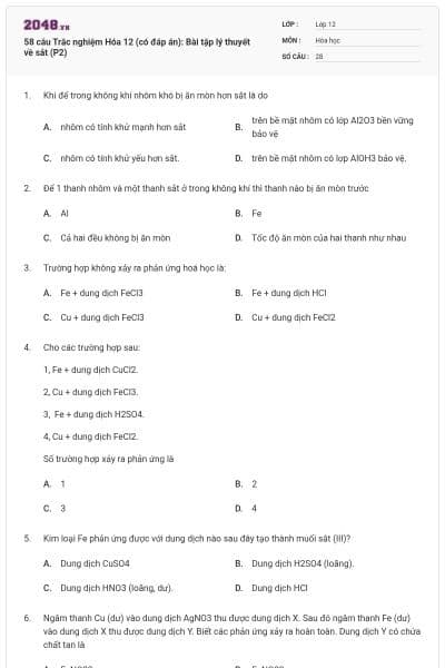 58 câu Trắc nghiệm Hóa 12 (có đáp án): Bài tập lý thuyết về sắt (P2)
