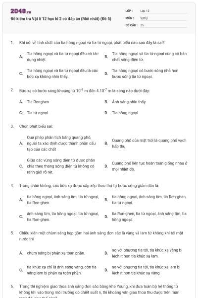 Đề kiểm tra Vật lí 12 học kì 2 có đáp án (Mới nhất) (Đề 5)