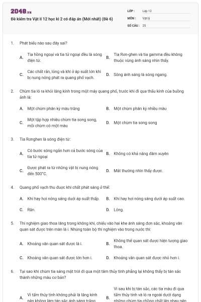 Đề kiểm tra Vật lí 12 học kì 2 có đáp án (Mới nhất) (Đề 6)