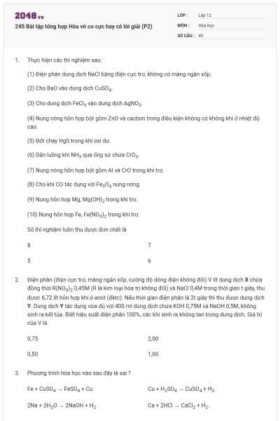 245 Bài tập tổng hợp Hóa vô cơ cực hay có lời giải (P2)