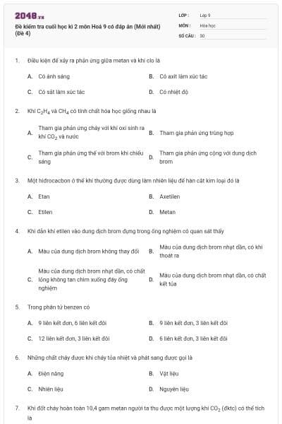 Đề kiểm tra cuối học kì 2 môn Hoá 9 có đáp án (Mới nhất) (Đề 4)