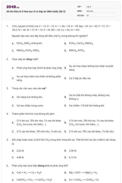 Đề thi Giữa kì II Hóa học 8 có đáp án (Mới nhất) (Đề 5)