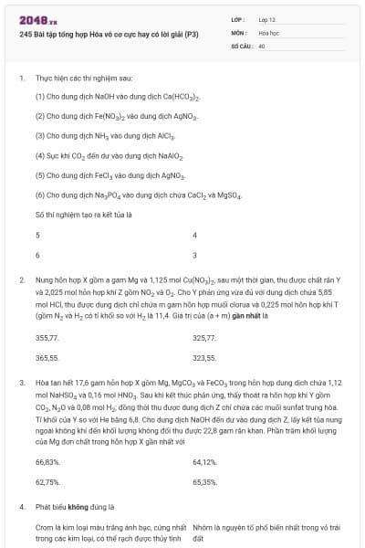 245 Bài tập tổng hợp Hóa vô cơ cực hay có lời giải (P3)