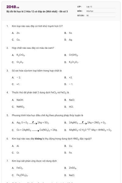 Bộ đề thi học kì 2 Hóa 12 có đáp án (Mới nhất) - Đề số 3
