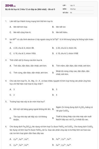 Bộ đề thi học kì 2 Hóa 12 có đáp án (Mới nhất) - Đề số 5