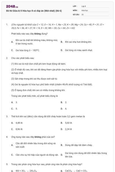 Đề thi Giữa kì II Hóa học 8 có đáp án (Mới nhất) (Đề 6)