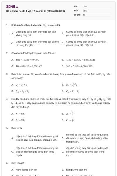 Đề kiểm tra học kì 1 Vật lý 9 có đáp án (Mới nhất) (Đề 3)