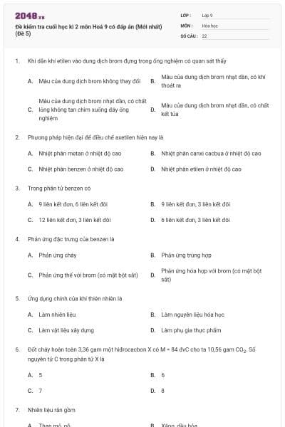Đề kiểm tra cuối học kì 2 môn Hoá 9 có đáp án (Mới nhất) (Đề 5)