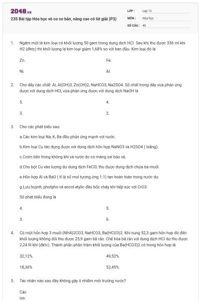 235 Bài tập Hóa học vô cơ cơ bản, nâng cao có lời giải (P3)