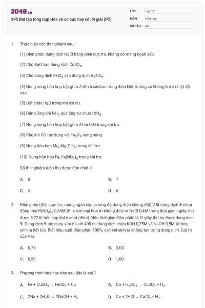 245 Bài tập tổng hợp Hóa vô cơ cực hay có lời giải (P2)