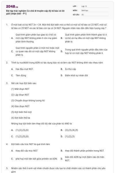 Bài tập trắc nghiệm Cơ chế di truyền cấp độ tế bào có lời giải (nhận biết - P1)