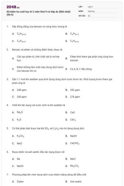 Đề kiểm tra cuối học kì 2 môn Hoá 9 có đáp án (Mới nhất) (Đề 6)