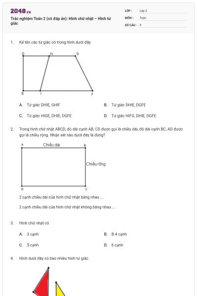 Trắc nghiệm Toán 2 (có đáp án): Hình chữ nhật – Hình tứ giác